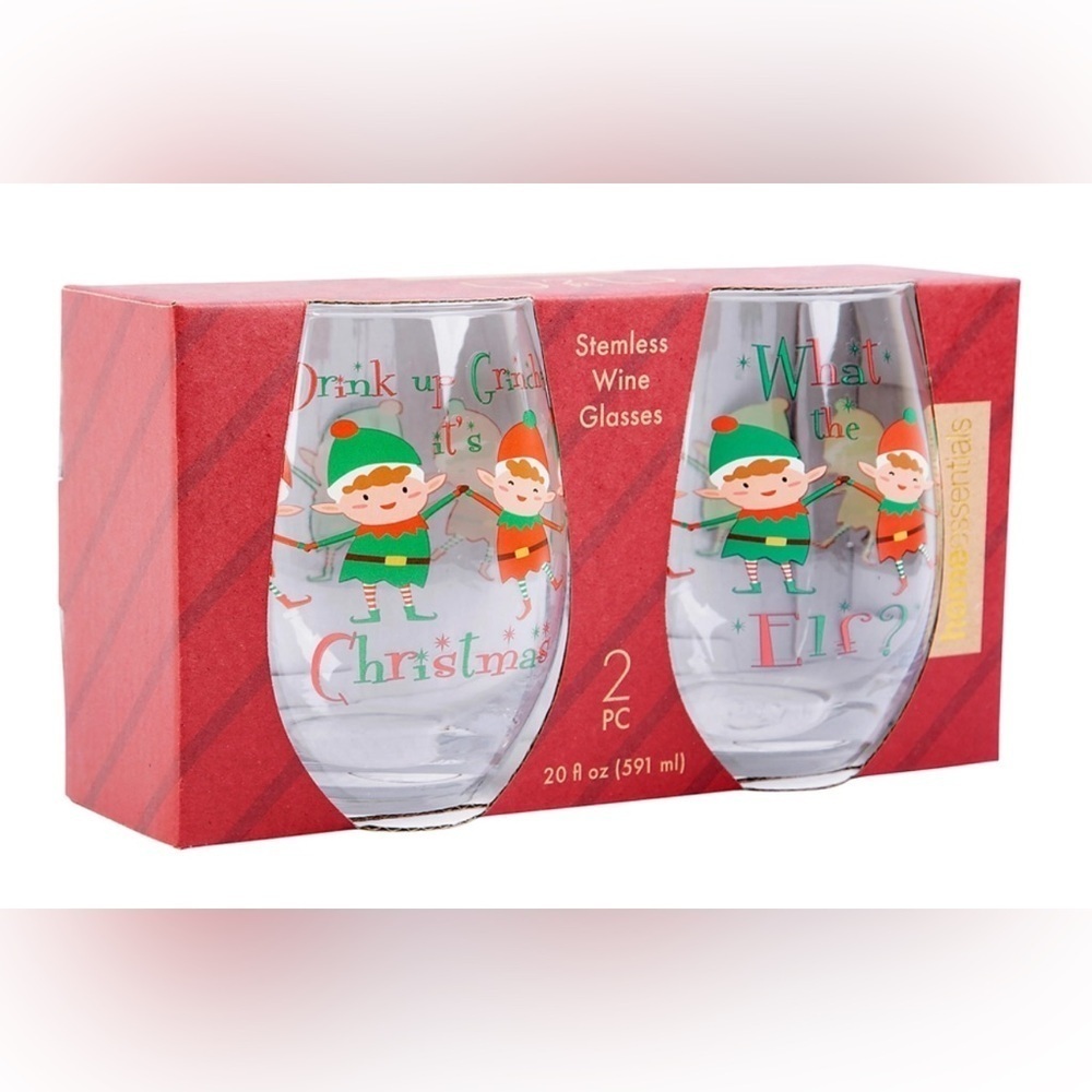 NWT Home Essentials 2 Pc Naughty Elves Stemless Wine Glasses Set 20 oz Christmas